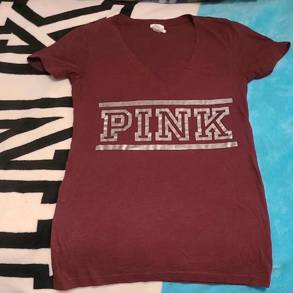 Maroon V-Neck T-Shirt with Silver PINK Logo